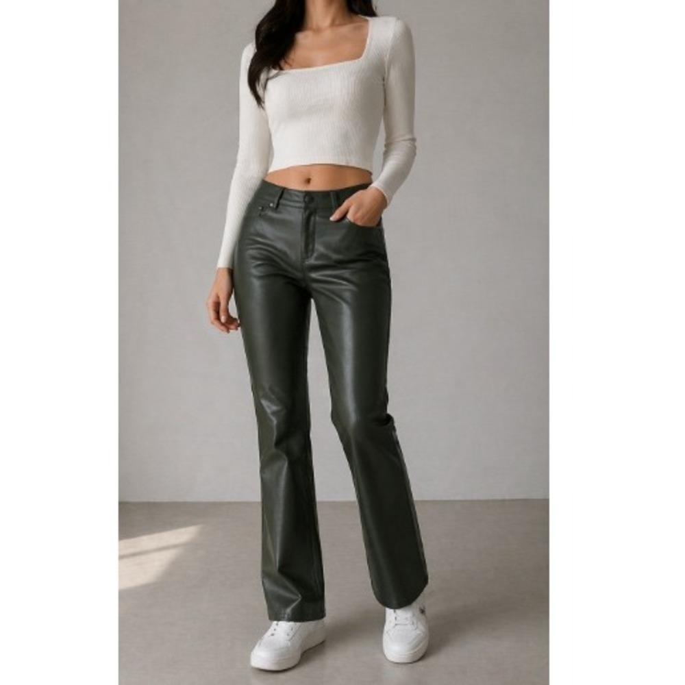 Belle by KG Women's Black Olive Faux Leather Front Ponte Back Pant Size 14 NWT